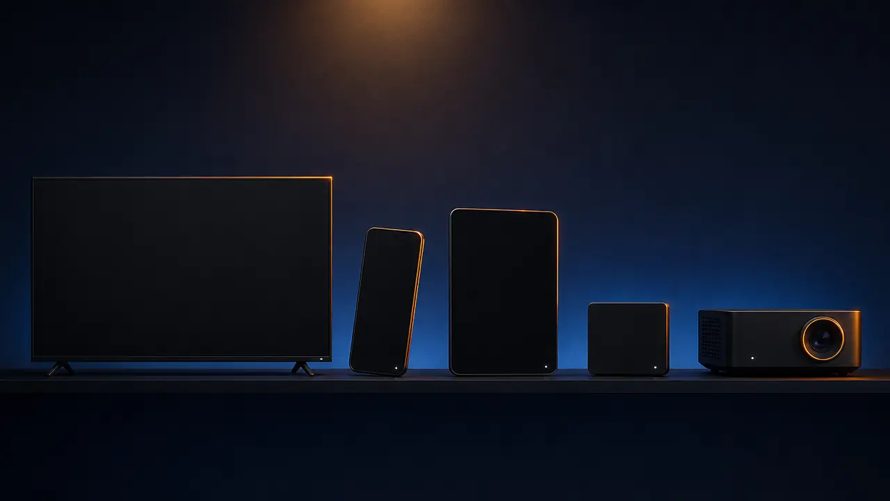 Téléviseur, smartphone, tablette, box et vidéoprojecteur alignés sur fond bleu nuit