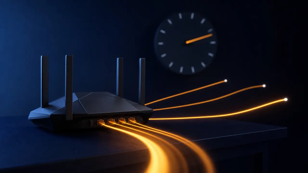 Télécommande, adaptateur, câble HDMI et box alignés sur fond bleu nuit, liseré ambre